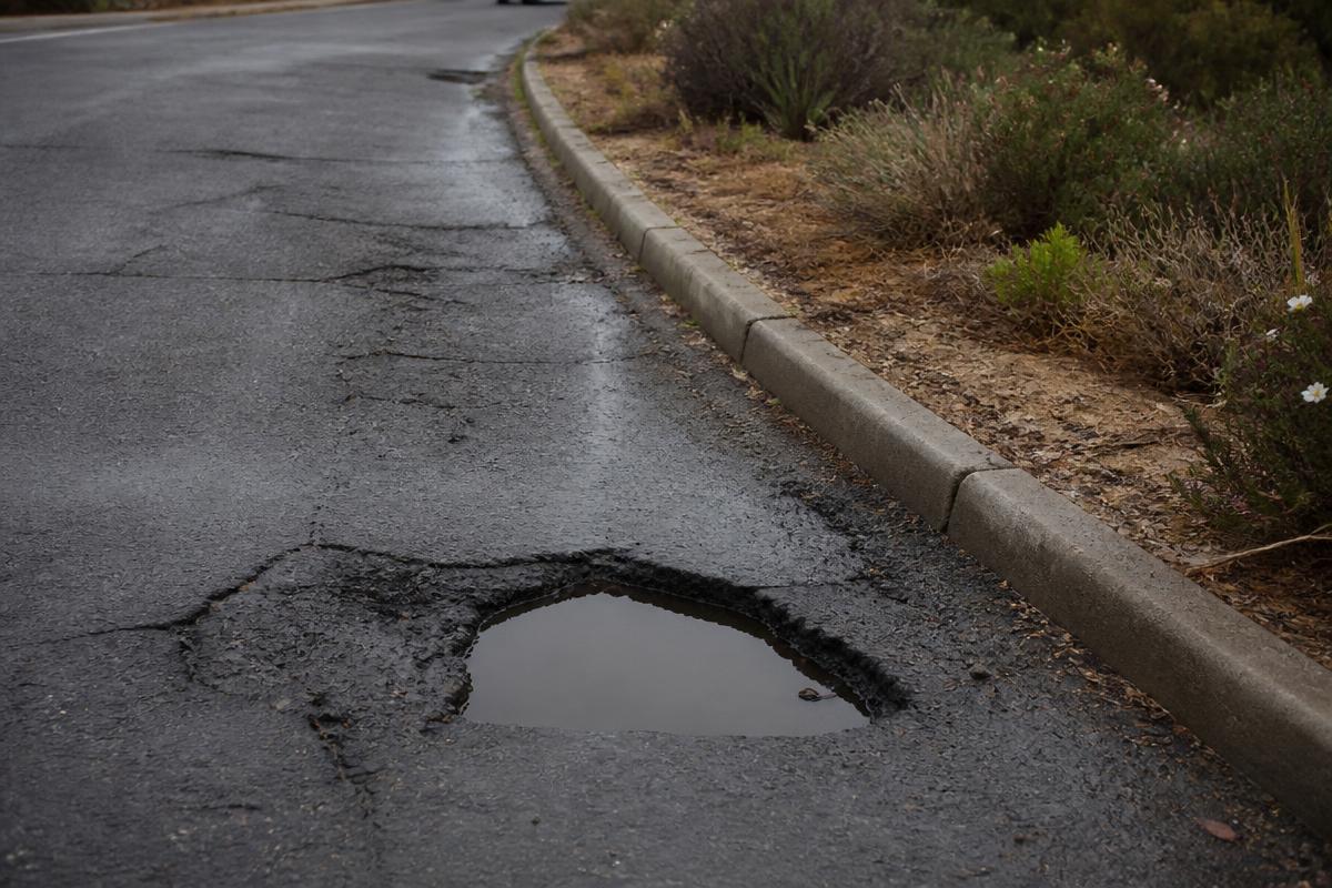 A water-filled pothole in a cracked suburban road