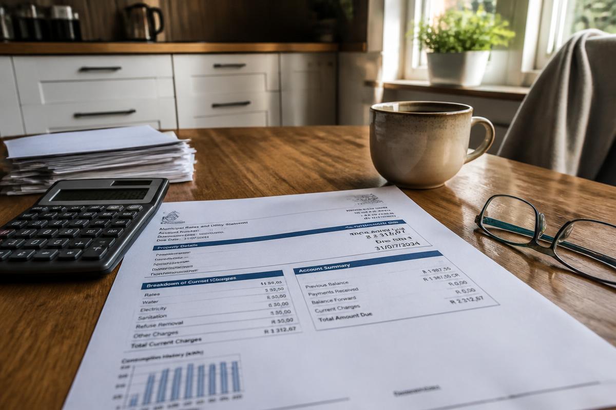 A municipal rates and services account on a kitchen table with a calculator