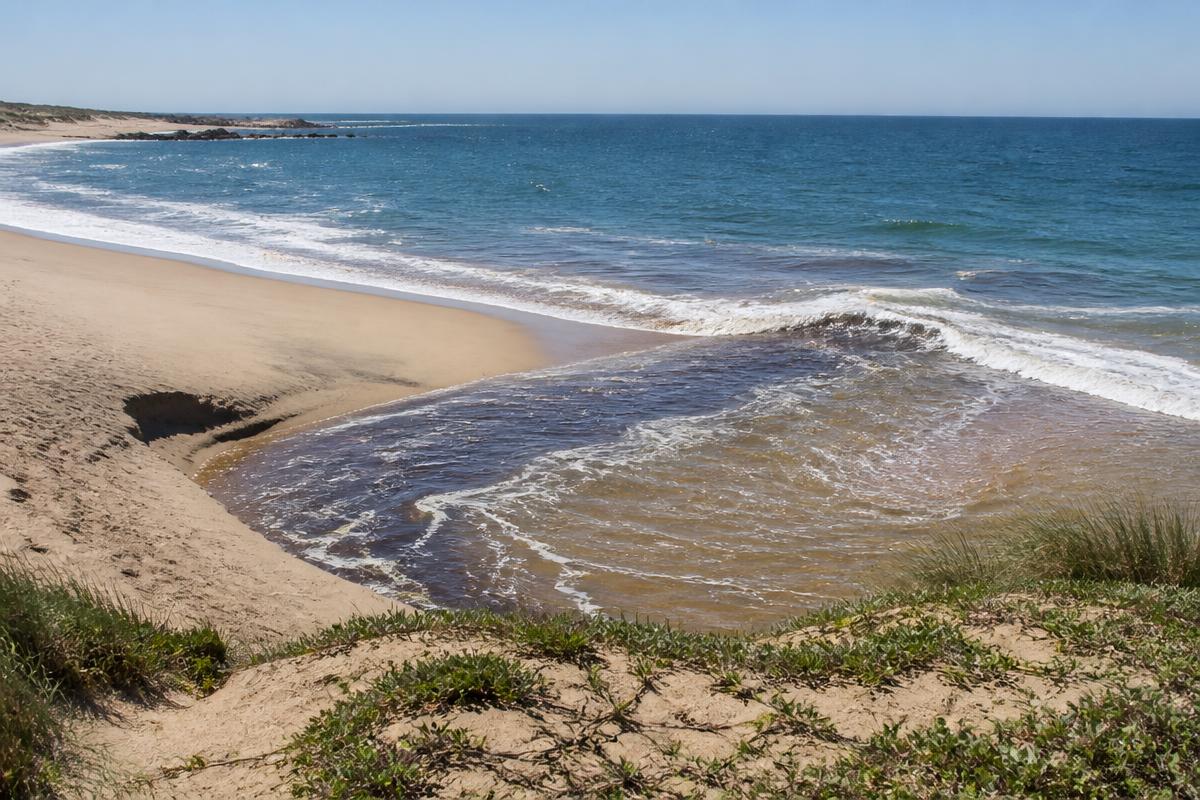 A discoloured stream flowing across a beach into the sea